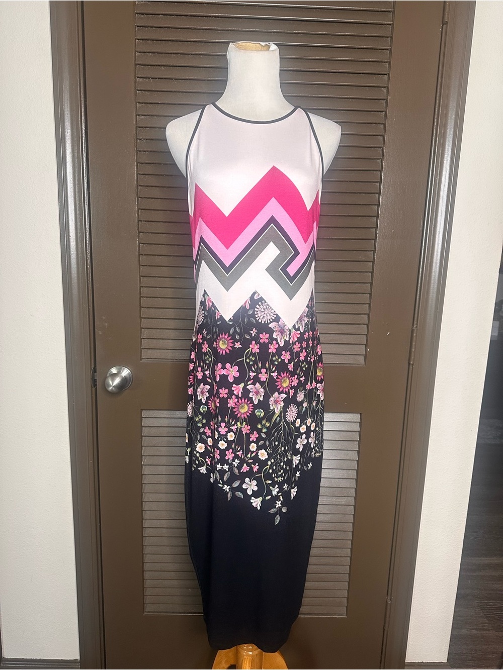 TED BAKER | Sleeveless Chevron & Floral Maxi Dress in Pink, Black, White - Picture 2 of 6
